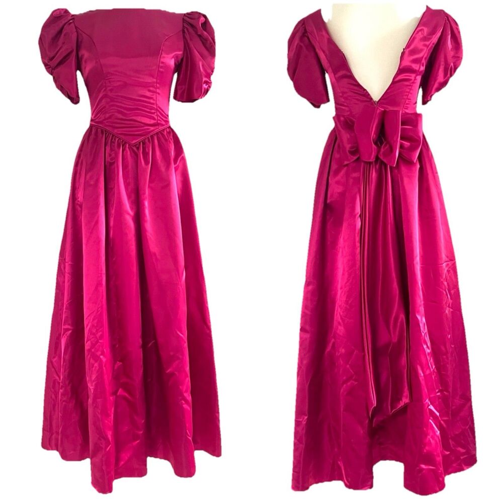 Vintage ILGWU 80s Fuchsia Pink Satin Puff Sleeve Ball Gown Prom Dress Womens XS